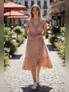 Michael KORS Ruffled Coral Pink Floral Wrap Midi Dress XS